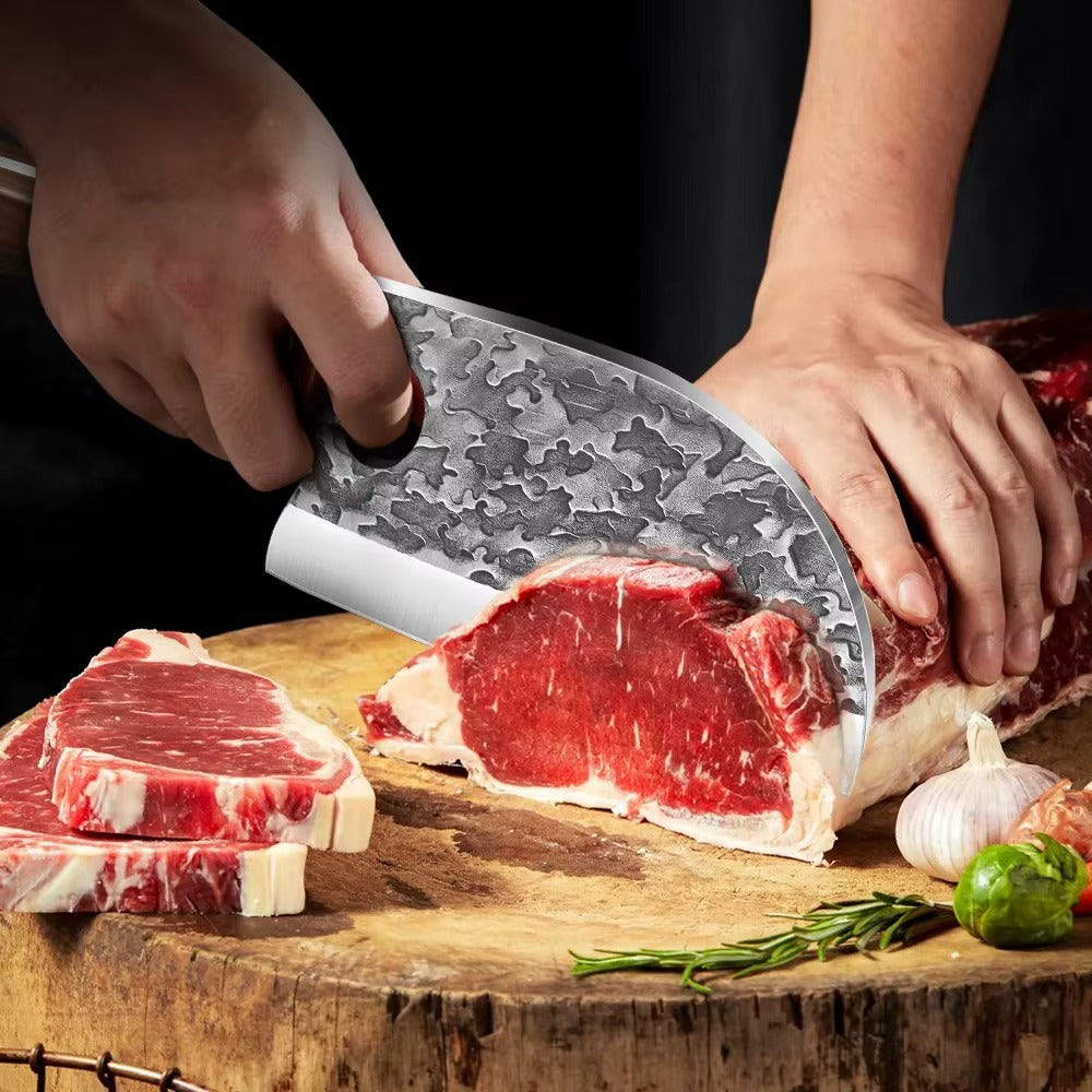 Forged Japanese Steel Cleaver Knife – 7” with Wooden Handle & Leather Sheath